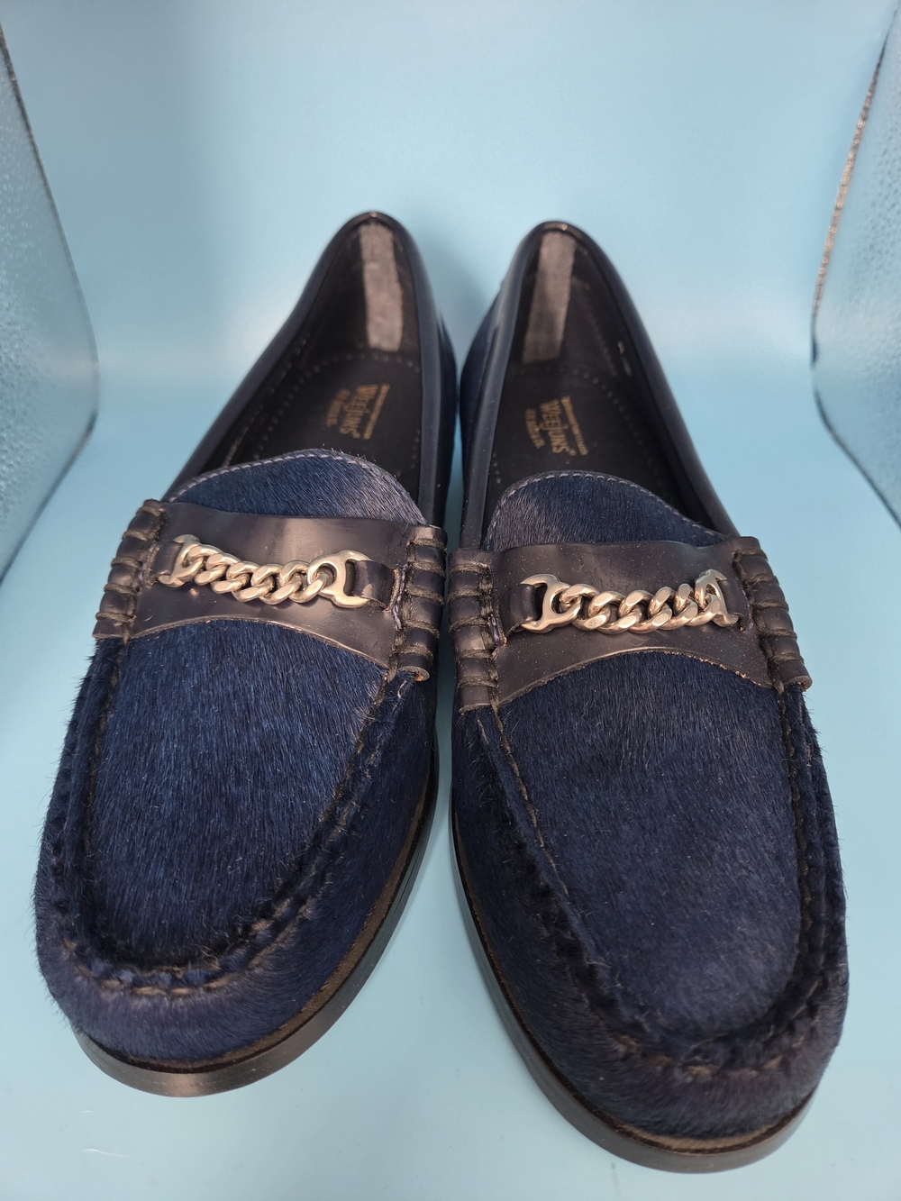 Men's Navy Blue Leather & Haircalf Loafers with Chain Detail WEEJUNS